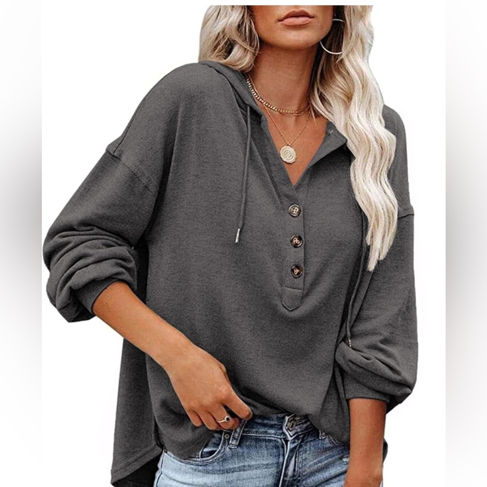 NWT LuckyMore Grey Long Sleeve Hoodie V Neck Button Pullover Tunic Top, Size M